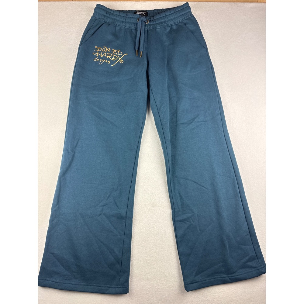 Ed Hardy Women's Teal Blue Tiger Graphic Wide Leg Sweatpants Y2K Tattoo Art Sz M